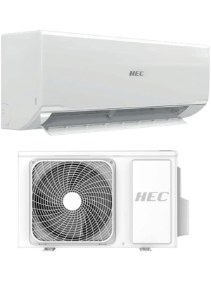 Kondicioner HEC Inverter - Powered by Haier. Pamje e njësisë së brendshme dhe njësisë së jashtme, dizajn modern me ngjyrë të bardhë, i disponueshëm te Leon Electronics Tiranë.