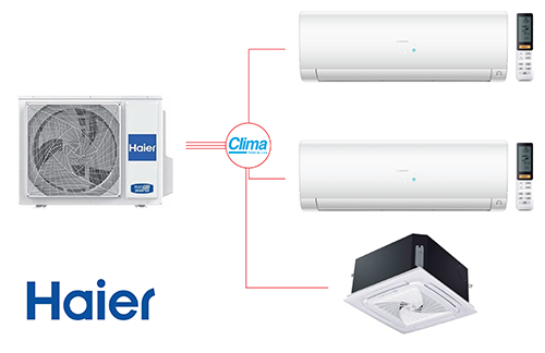 Një imazh kopertine profesional nga 'Leon Electronics' Albania, që shfaq një sistem kondicionimi multisplit Haier. Imazhi tregon një njësi të jashtme multisplit me vija lidhëse që shkojnë në një grup njësish të brendshme, duke përfshirë një model mural, një tavanor, një tokësor dhe një kollonë. Logos 'Haier' janë të dukshme në pajisje dhe logoja 'Leon Electronics' me simbolin e energjisë është në një cep. Mund të ketë tekst kopertine si 'LEON KLIMA: ZGJIDHJE MULTISPLIT HAIER'. Imazhi ka një estetikë të pastër, moderne, me ndriçim të butë.
