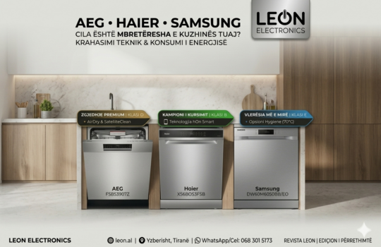 Infografik krahasues për tre modele lavastoviljeje inkaso nga Leon Electronics Tiranë: AEG FSB53907Z (Premium, Klasi D, teknologjia AirDry), Haier XS6BOS3FSB (Kampion i kursimit, Klasi B, teknologjia hOn Smart) dhe Samsung DW60M6050BB/EO (Vlera më e mirë, Klasi E, opsioni Hygiene 70°C). Imazhi përfshin logon e Leon Electronics, adresën në Yzberisht dhe kontaktin WhatsApp 068 301 5173.